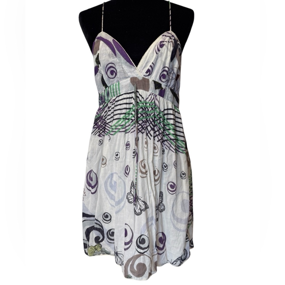White and Purple Smocked Mini Sundress with Sweetheart Neckline ⭐️Pre Owned ⭐️